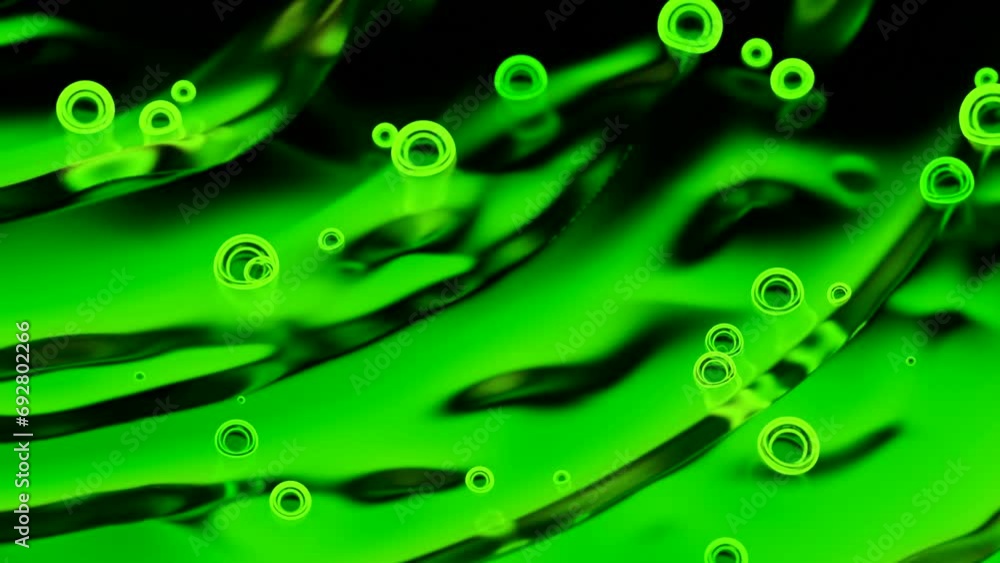 Poster neon bubbles are moving floating on liquid. design. moving bubbles on surface of abstract liquid. an