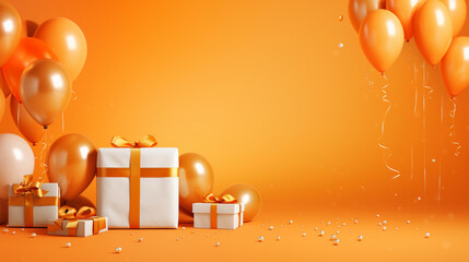 A glamorous affair featuring luxury party balloons, a cascade of confetti, and chic gift boxes on a vibrant orange background, presenting an exquisite template for your celebratory messages