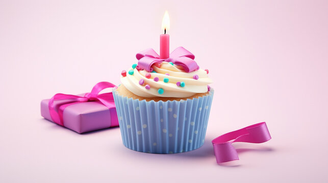 Festive birthday cupcake featuring a radiant candle and a charming gift box, creating an enticing scene of birthday delight