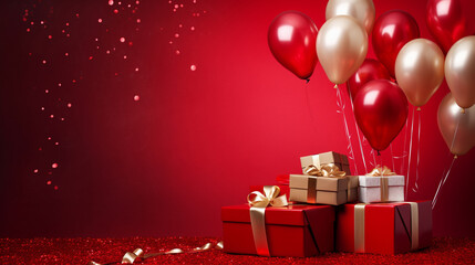 A glamorous affair featuring luxury party balloons, a cascade of confetti, and chic gift boxes on a striking red background, presenting an exquisite template for your celebratory messages