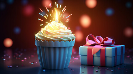 Tempting birthday cupcake adorned with a glowing candle and a whimsically wrapped gift box, creating an inviting scene of celebration - obrazy, fototapety, plakaty