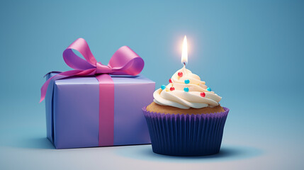 Tempting birthday cupcake featuring a flickering candle and a beautifully wrapped gift box, promising joyous festivities