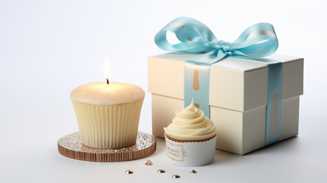 Tempting birthday cupcake featuring a flickering candle and a beautifully presented gift box, ready for a momentous celebration