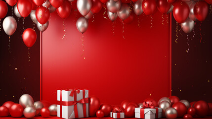 A sophisticated celebration in progress with upscale party balloons, confetti fluttering, and elegant gift boxes on a chic red canvas, creating an ideal template for your messages