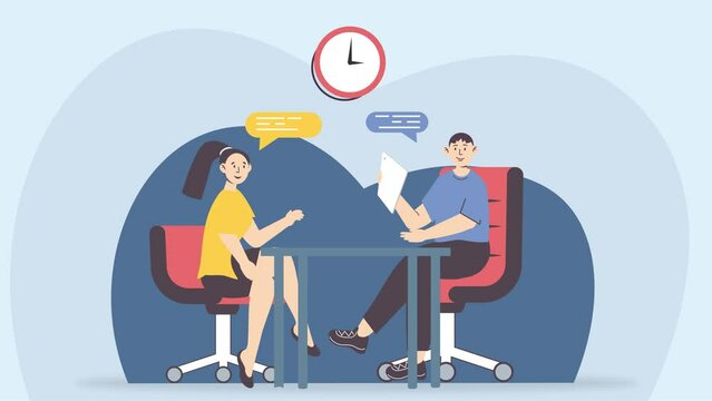 Animation of 2D flat character having an interview for business and job