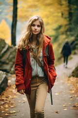a happy teenage girl walking along a mountain path colored with autumn leaves. a beautiful forest landscape. generative AI