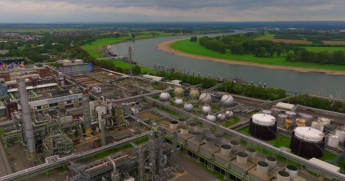 Dormagen, Germany. Aerial view Dormagen production and manufacturing of different chemical products located on the Rhine river