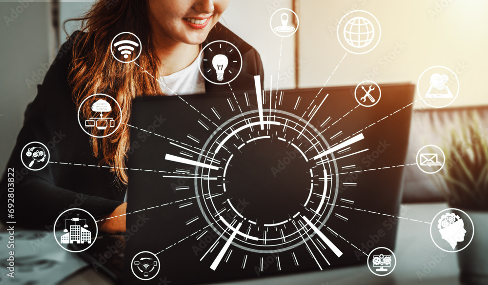 Poster internet of things and communication technology concept - modern graphic interface showing smart inf