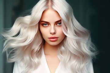Fototapeta premium salon beauty done curls hairstyle Stylish blond ultra coloring hair girl Beautiful blond model white woman colouring female coiffure long salon face people fashion colours makeup cosmetic