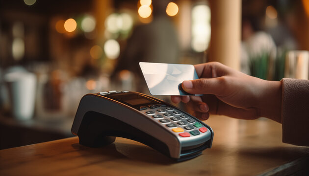 Close up view at hand hold credit card, touch a credit card reader on the counter inside the coffee shop. Cashless payment concept.