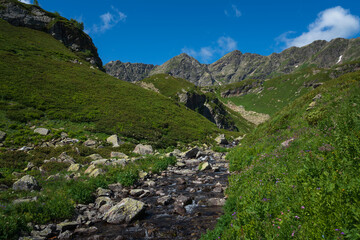 The valley of the Malaya Dukka River on the slopes of the Arkasar ridge in the North Caucasus and the tourist trail to the Dukka Lakes on a sunny summer day, Arkhyz, Karachay-Cherkessia, Russia © Ula Ulachka