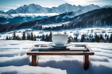 A serene winter morning with a teacup placed on a wooden railing, overlooking a snowy landscape and distant mountains - obrazy, fototapety, plakaty