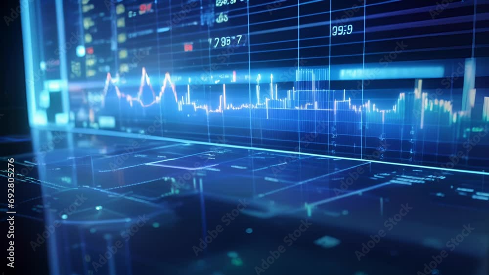 Poster a technologically advanced way of viewing financial trends and projections, through a hologram chart