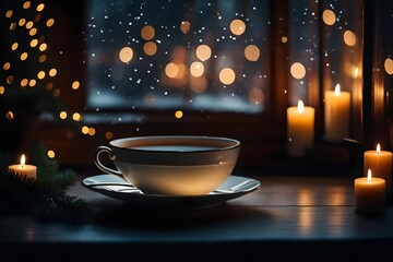A cozy scene featuring a mug of  peppermint tea on a knitted blanket, with a dusting of snow outside the window - obrazy, fototapety, plakaty