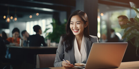 Portrait of happy asian businesswoman working on laptop in cafe - Powered by Adobe