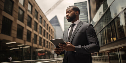 Portrait of a smiling african american businessman holding tablet computer standing on the outdoor street front of business office building