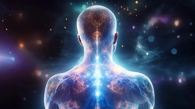 A holographic projection of a human body overlaid with intricate patterns and colors, demonstrating how AIpowered healthcare can detect and identify diseases at a cellular level with unmatched