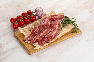 Raw beef bacon for cooking