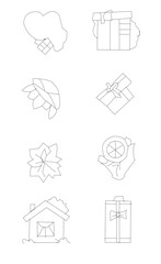 a set of four drawings of a house, A gift box, a bow and a gift, line art, Coloring book sketch representing the 4 seasons, Symbols, Sketch art,