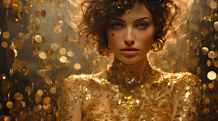 close up view of a beautiful model with gold glitter on her face - obrazy, fototapety, plakaty