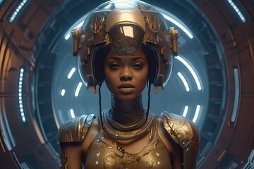 ahead future promising suggests attire tech high room stands outfit helmet futuristic wearing woman afro young stand room ahead ai  futurist standing robot 1 person toy suit armoring