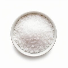 Coarse sea salt in white bowl isolated on white. Top view, Generative AI 