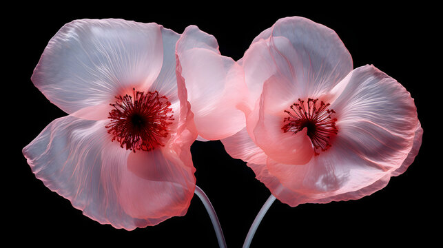 Stylized white/blue poppy lightly translucent pedals flower on black background. Remembrance Day, Armistice Day, Anzac Day 