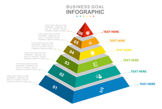 Infographic business template. 6 steps Mindmap pyramid diagram with icon topics. Concept presentation.