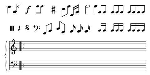 Music sheet background with music notes. Music sheet. Musical note set. Music note stave staff. Vector illustration. EPS 10. - obrazy, fototapety, plakaty