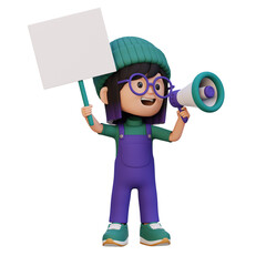 3D girl character holding a blank placard