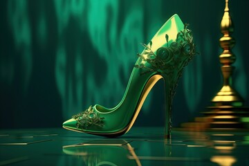 Render 4k Heels High cantik green emerald Woman crystal heel fashion elegance glamour style beauty design sophistication luxury femininity shoe footwear stiletto pump catwalk runway model attire - obrazy, fototapety, plakaty