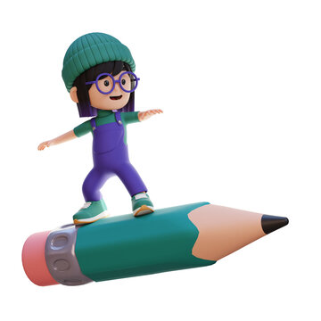 3D girl character standing riding a pencil
