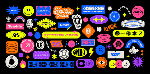 Colorful trendy sticker pack. Naive playful label shape set. Retro patch cartoon collection. Catchphrase sign, Groovy  text slogan. Geometric element. Brutalism aesthetic. Flat vector illustration. - 692810250