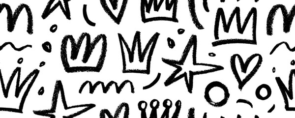 Seamless banner design with charcoal crowns, stars, hearts and circles.