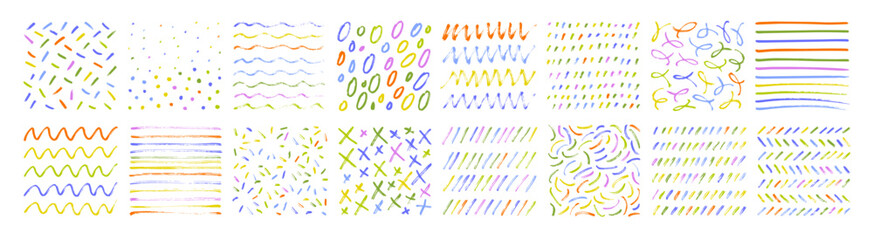 Freehand colorful doodle lines, curves, dots, spirals. Childish doodle style textures. - obrazy, fototapety, plakaty