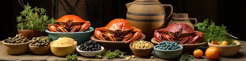 Rustic seafood feast with crabs and assorted side dishes