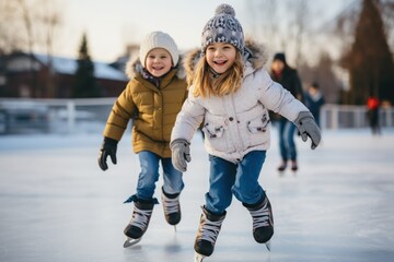 Siblings Ice Skating Together on a Sunny Winter Day
