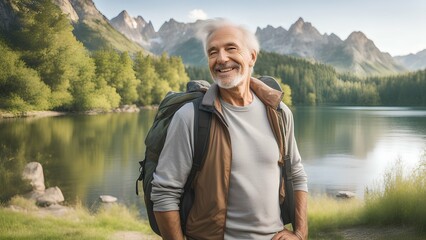 Fototapeta premium person with a backpack on the lake