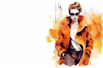 painting watercolor look street autumn coat woman  illustration fashion style adult art beautiful beauty classic clothes co colours country countryside design drawing drawn face fall female