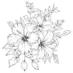 Hand drawn floral outline hibiscus flowers and leaves bouquet - obrazy, fototapety, plakaty