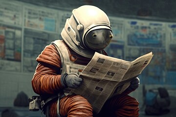 helmet astronaut's newspaper reading Astronaut robot person city street fashion old crowd - obrazy, fototapety, plakaty