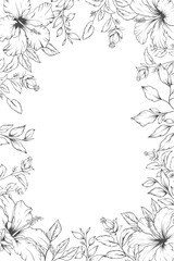 Elegant floral line art frame corner with hibiscus flowers and leaves