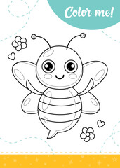 Coloring page for kids with cartoon bee.
A printable worksheet, vector illustration.