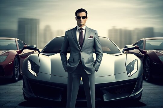 image concept businessman successful supercar front standing which suit business formal guy rich millionaire person luxury confidence wealthy goal car necktie success challenge speed grey black