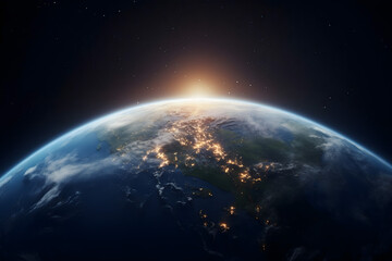 earth in space, green planet earth, renewable energy light bulb with green energy, Earth Day or...