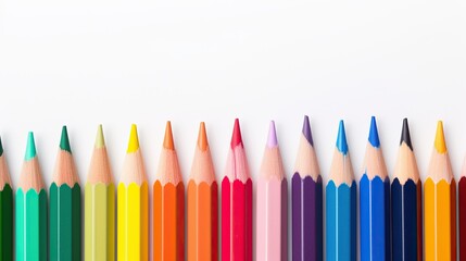 Crayons - colored pencil set loosely arranged on white background. colored pencils are not arranged exactly in a row.