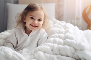 Naklejka premium Cute and Happy child looking out of the white blanket. Copy space.