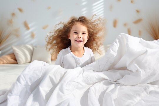 Cute and Happy child looking out of the white blanket. Copy space.