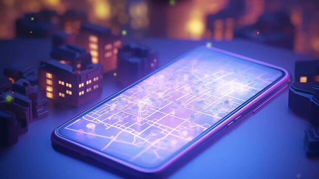 Digital map and phone with aerial view of city. Conceptual representation of GPS technology. Visual of transport traffic maps in IT infrastructure. Transportcore. Videos for business.