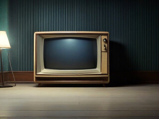 Old retro tv in empty room at night with copy space. Created using generative AI tools